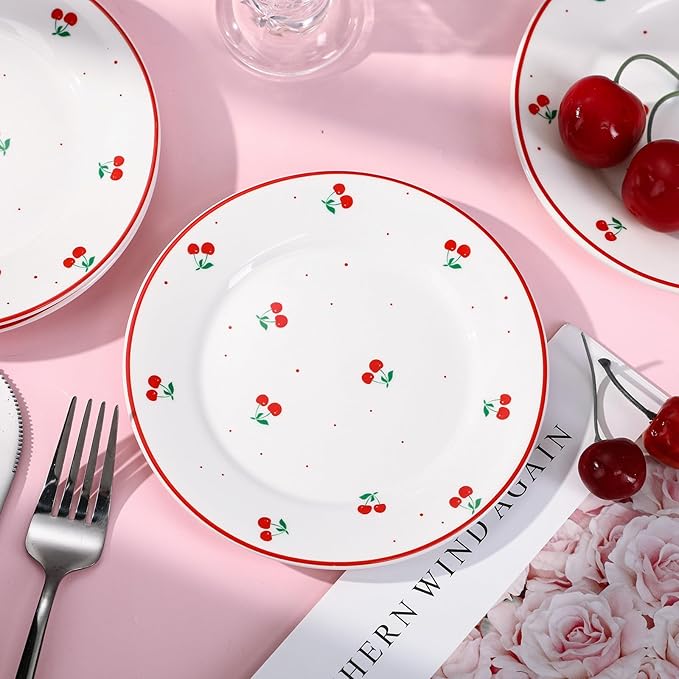 Honeydak 6 Pcs Valentine's Day Decorations Cherry Plates Ceramic 6 Inch Salad Appetizer Dessert Dish Cutlery for Fruits Galentines Cherry Birthday Supplies Wedding Table Party Decorations Favors