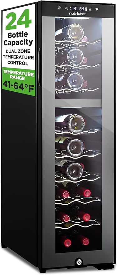 Nutrichef 24 Bottle Wine Fridge | Dual Zone Wine Chiller | Adjustable Temperature 41°F to 64°F | Ultra Quiet Operation | Wine Cooler For Home, & Office | Free Standing 39x11x23 IN (Black)