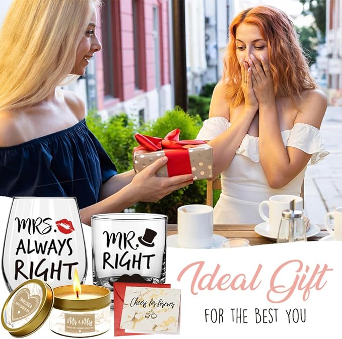 Mr. Right Mrs. Always Right Set Novelty Couple Set Gift for Husband, Wife, Bride, Groom, Parents, Newlyweds, Bachelorette - Wedding Engagement Gifts for Couples - Ideal for Bridal Shower