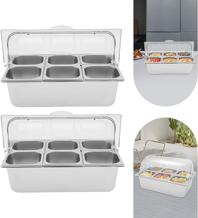 Food Serving Display Container, 2Pcs Countertop Salad Bar with Clear Roll Top Cover, 6-Pan Stainless Steel Food Serving Tray Buffet Condiment Dispenser (12* Spoons+12* Clamps)
