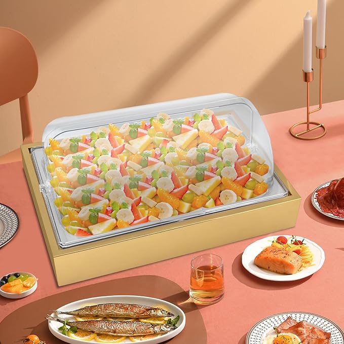 Ice Food Serving Display Tray, 3L/ 3.17Qt Stainless Steel Buffet Cold Serving Plate Ice Food Serving Display Tray with Ice Box for Hotel and Party (Gold, 3L)