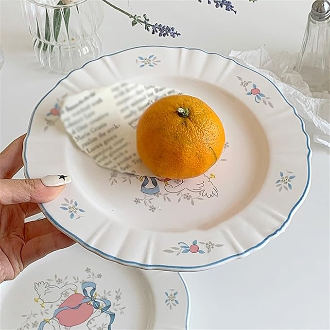 SONGCHAO Party Supplies Retro Ceramic Dinner Plate Blue Edge Ceramic Plate Breakfast Plate Fruit Plate Dessert Plate Home Round Flat Plate Party Plates