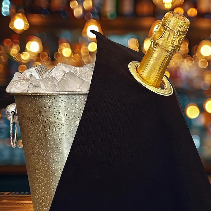 Classic Collection, Bottle Cloth with Metal Ring for Ice Buckets, Cotton, 42 cm, Corner Hole (Black with Gold Metal Ring, Pack of 25)