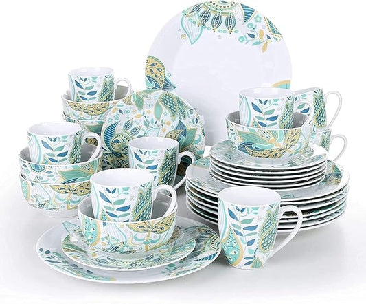Porcelain Dinnerware Sets Plates and Bowls Sets 32-Piece Porcelain Ceramic Tableware Dinner Set with Dinner Plate, Dessert Plate, Cereal Bowl, 380ml Mug Service