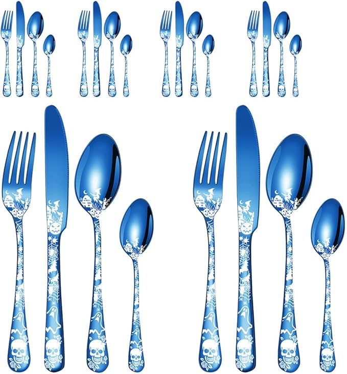 XIAOYU 24-Piece Halloween Themed Skull Silverware Set, Gothic Skull Pattern Design, Stainless Steel Flatware Set Serving for 6, Knives Forks Spoons Cutlery Daily Halloween Party Event, Blue