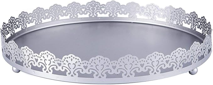 Plastic Round Premium Decorative Serving Tray with Embellished Rims - Silver