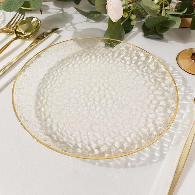Efavormart 10 Pack Glitter Gold Clear Hammered Plastic Charger Plates, Round Disposable Serving Plates With Gold Rim - 13"