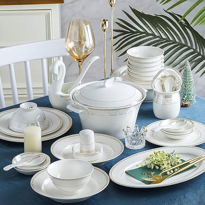 White Round Porcelain Dinnerware Set, Dishes/Plate/Bowl Set, Fine Bone China Dinnerware Sets Clearance, Collection Ceramic Kitchen And Dining Sets For Home,B56 Pcs Service For 10,A56 Pcs Service for