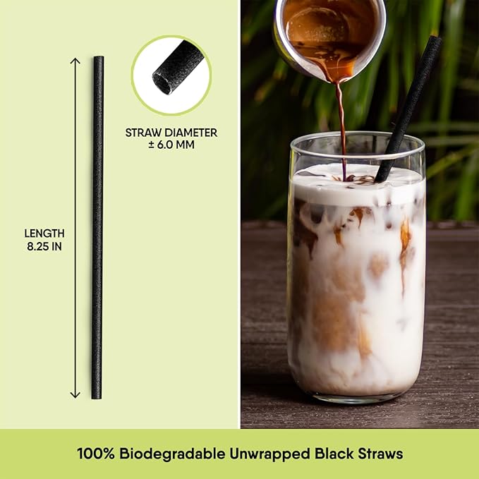– 300 PCS of 8.25 Inches Unwrapped Biodegradable Black Straws – Made of Vegetable Fibers, Best Environment Friendly Drinking Straws for Hot and Cold Beverages