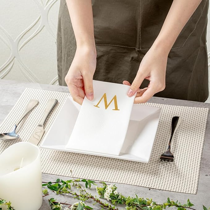 Luxenap 15.8 X 7.9 Inch Linen-Feel Guest Towels, 50 Lettered Hand Towels - Gold Letter 'W', Sans Serif Font, White Paper Dinner Napkins, airlaid, For Restrooms And Tables