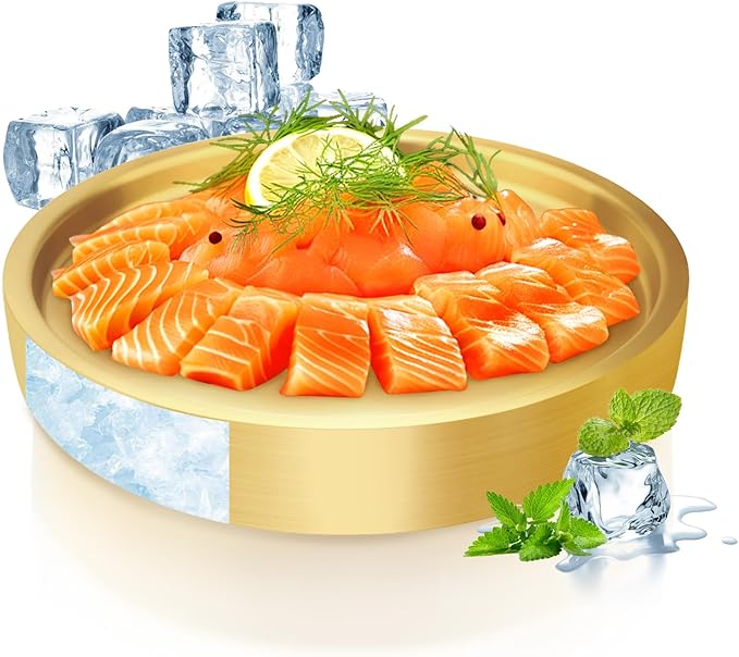 9.4" Stainless Steel Chilled Serving Trays for Parties Containers, Round Gold Ice Tray for Food Buffet Bowls Box Platter Server Cold Ice Vegetable Fruits Snacks Shrimp Cocktail Fridge (Gold)