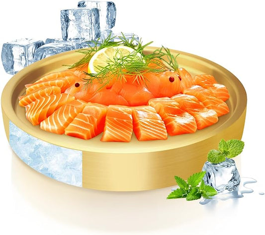 9.4" Stainless Steel Chilled Serving Trays for Parties Containers, Round Gold Ice Tray for Food Buffet Bowls Box Platter Server Cold Ice Vegetable Fruits Snacks Shrimp Cocktail Fridge (Gold)