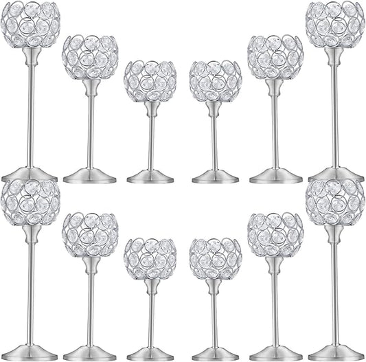 Crystal Metal Tealight Candlestick, Bling Bowl Candelabras, Tall Crystal Candle Holders Elegant Candle Centerpiece for Dining Table Wedding Home Mantel Decor(Silver, 4Sets(12 Pcs))