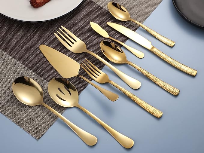 Gold Silverware Set Stainless Steel Flatware Set with Serving Utensils Set Cutlery Tableware for 4 Includes Forks Spoons Knives for Home Restaurant Hotel