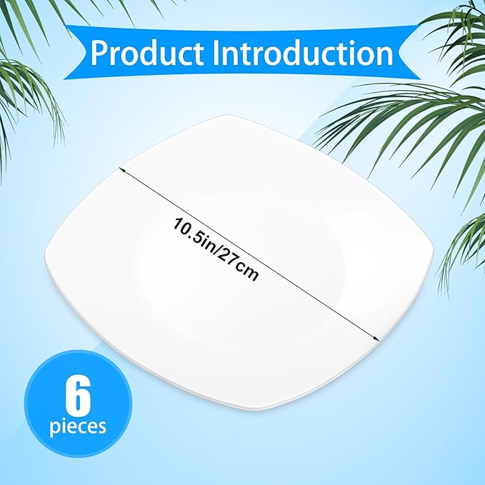 Appetizer Plates Set of 6, 10.5 Inch White Square Plates, Porcelain Dinner Plate, Square Serving Dishes for Pasta, Steak, Snacks,Salad(Microwave and Dishwasher Safe)