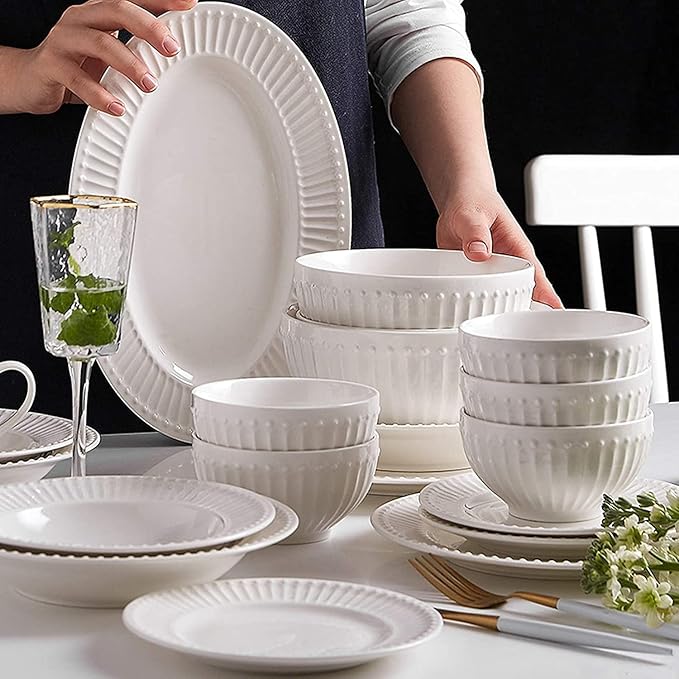 Dining Plate Set Ceramics Dinner Sets 56 Pieces Relief Stripe Cereal Bowl and Steak Plate Set | Pure White Porcelain Dinnerware Set for Family Gathering,A