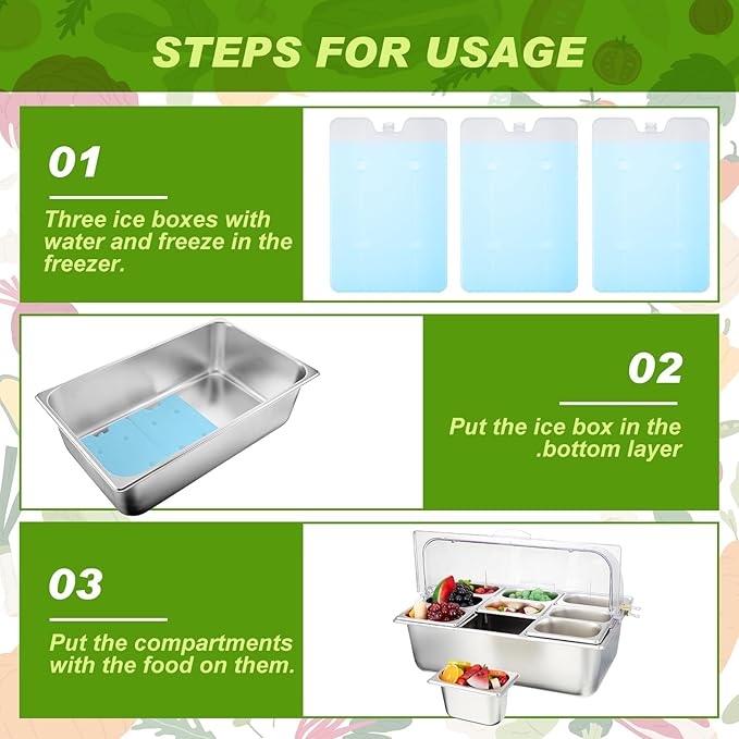 Tessco for you 16 Pcs Ice Food Spice Serving Display Countertop Chilled Condiment Container Set with Lid, Stainless Steel Salad Cold Caddy for Buffet Restaurant Kitchen Party(9 Compartments)