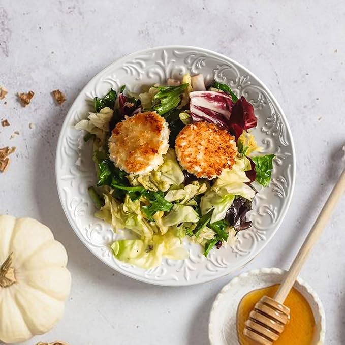 Salad Plates Set of 4 - 8.25 Inch Ceramic Embossed Appetizer and Dessert Plates, Modern White Small Dinner Set for Kitchen - Microwave, Oven and Dishwasher Safe (Brocade Flower)