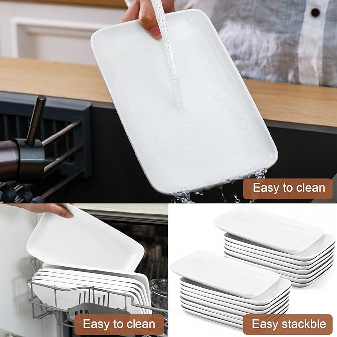 Irenare 16 Pcs 9 Inch Rectangular Salad Plates White Rectangular Porcelain Dessert Plates Appetizer Serving Tray Porcelain Platters for Fruit Sushi Dinner Parties, Microwave, Oven Safe