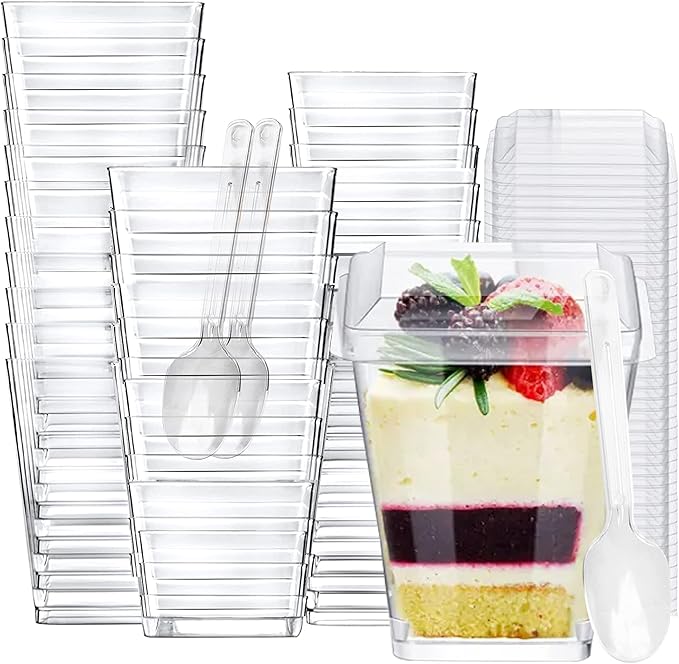 50 Pack 5 oz Mini Dessert Cups with Lids & Spoons – Reusable Parfait & Appetizer Cups, Clear Shooter Bowls – Ideal for Baby Shower, Small Parties, Tasting, Mousse, Pudding – BPA-Free & Recyclable