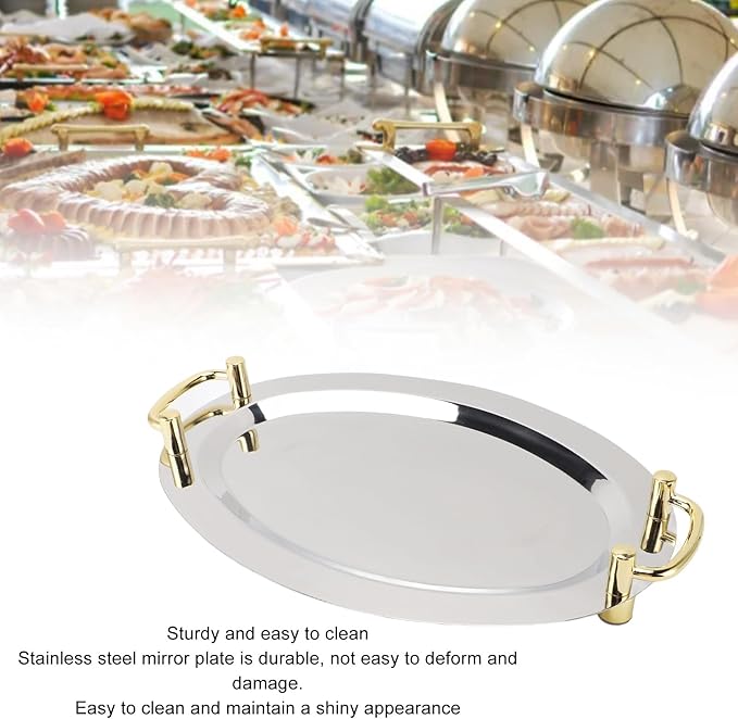 Stainless Steel Serving Tray, Multifunction Portable Metal Serving Tray with Handle, Buffet Serving Snack Tray for Coffee, Desserts, Cakes, (Round Shape with Gold