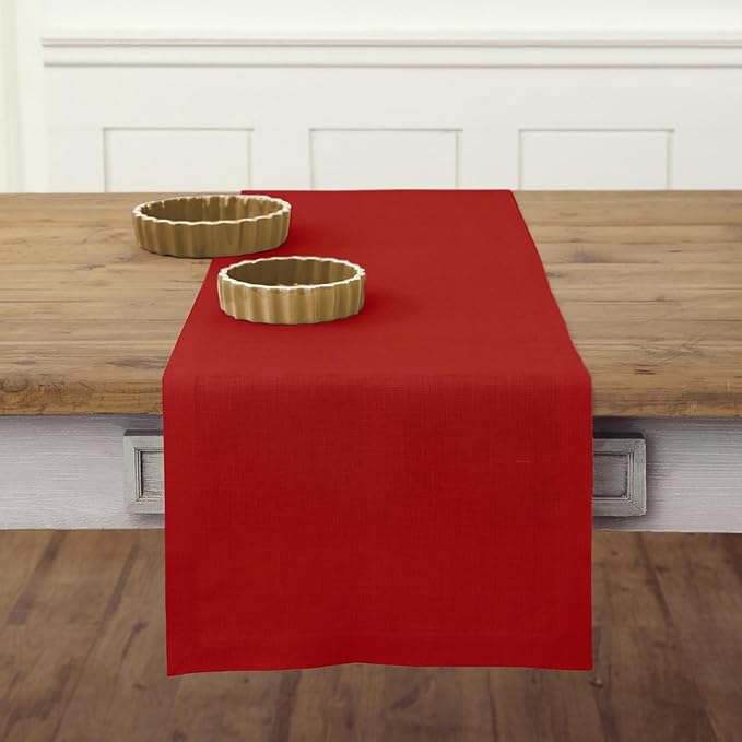Solino Home Linen Red Table Runner 60 Inches - 100% Pure Linen Small Table Runner 14 x 60 Inch Ideal for Dresser and Coffee Tables - Fete - Christmas, Holiday, Winter, New Year