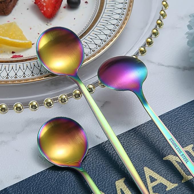 Matt Rainbow 6 Piece Dinner Spoons, 8.1'' Stainless Steel Tablespoons, Dessert Spoons, Silverware for Home, Kitchen or Restaurant, Dishwasher Safe