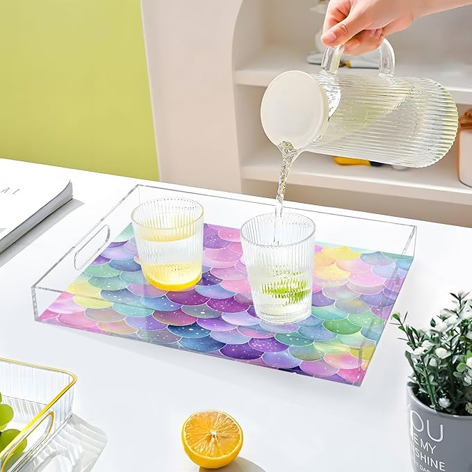 Serving Tray with Handles Clear Acrylic Tray 12x16 Inch Decorative Rectangular Tray Organizer for Ottoman Coffee Table Bathroom Watercolor Mermaid Scales Colors