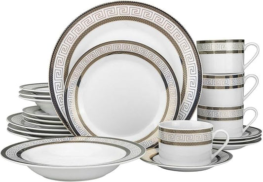 Euro Porcelain 57-pc Banquet Dinnerware Set, Luxury Tableware Dining Service for 8 (Greek Key Dark)