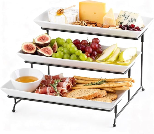 Gomakren 3 Tier Serving Trays Stand 14 Inches Serving Platters Rectangular Large Serving Plates for Party Display Set Collapsible Sturdier Rack, Christmas Serving Trays and Platters