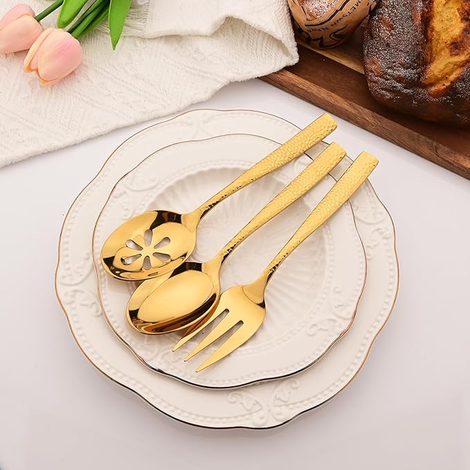 6 PCS Hammered Serving Utensils, Uniturcky Stainless Steel Serving Spoons Set, Square and Thick Hostess Serving Set, Includes 2 Serving Spoon 2 Serving Fork and 2 Slotted Spoon, Mirror Gold