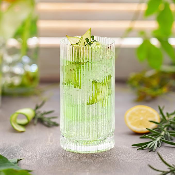 POLIDREAM 16oz Ribbed Glassware, Vintage Drinking Glasses Set of 4, Cocktail Glass Cups, Elegant Tom Collins Glasses, Highball Ribbed Glasses Ideal for Water, Iced Coffee, Juice, Beer, Milk