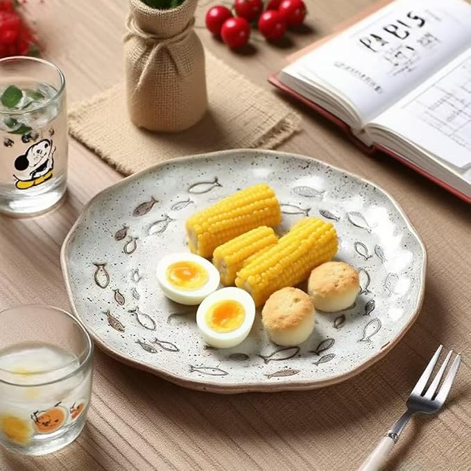 YEWUDHOM Japanese Ceramic Dinner Plates Set of 4,Japanese Porcelain Plates with Fishes Pattern Design,Ceramic Plate for Steak,Salad,Pasta,Dessert,Perfect for Party,Wedding,Home Kitchen