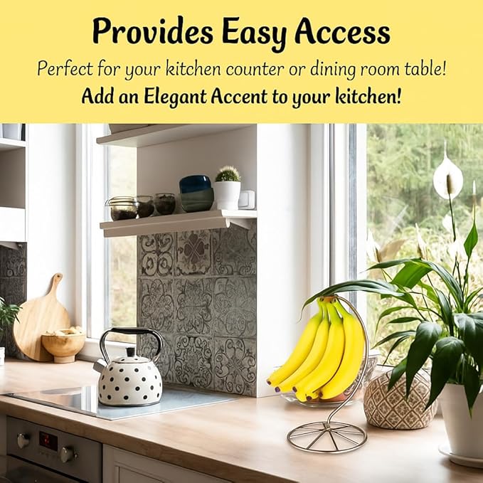 Homeries Banana Holder Modern Rack Hanger Tree Stand Hook for Kitchen Countertop. Satin Nickel Banana Holder Keeper Stand (Satin Nickel New)