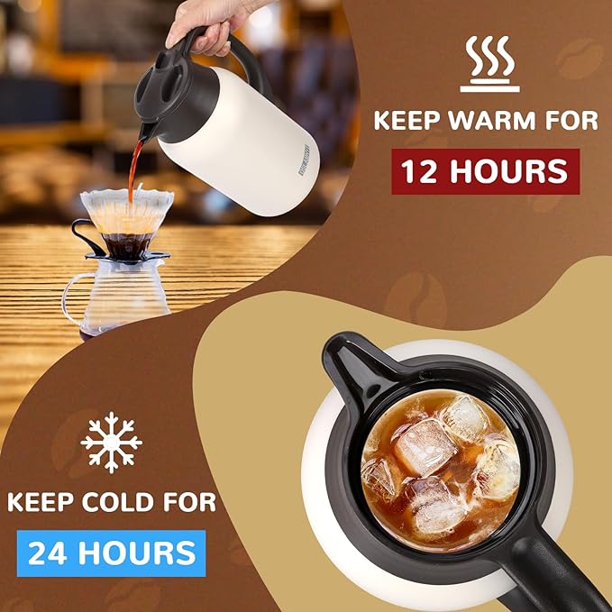 68 oz Coffee Carafe for Keeping Hot - 12 Hour Hot Drinks and 24 Hour Cold Drinks Stainless Steel Insulated Pot with Anti-Drip Spout, 316 Food Grade Thermal carafe Pot for Home/Camping/Office White