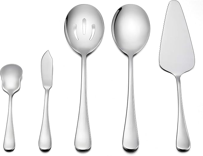 LIANYU 5-Piece Hostess Silverware Set, Stainless Steel Flatware Serving Utensils, Including Serving Spoon Set, Mirror Finished, Dishwasher Safe
