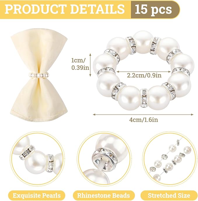 Suream Adjustable Cloth Napkin Rings, 1.6 Inch Beaded Napkin Rings for Wedding Party Dinner Table Decoration(Silver and White)