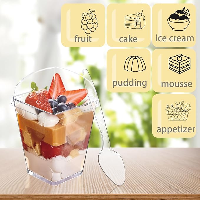50Pack 5oz Plastic Dessert Cups with Lids and Spoons, Square Clear Parfait Appetizer Cups, Mini Reusable Shooter Serving Cups, Party Dessert Shot Glasses for Tasting