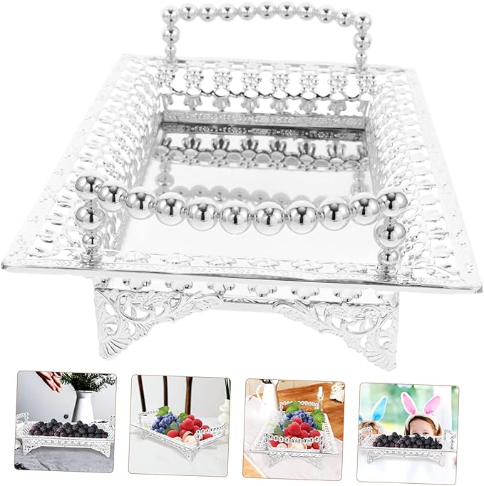 GLEAVI Nordic Style Metal Fruit Serving Tray with Handle Mirrored Silver Snack Storage Dish for Parties KTV and Home Decor Decorative Candy Nut and Dried Fruit Platter