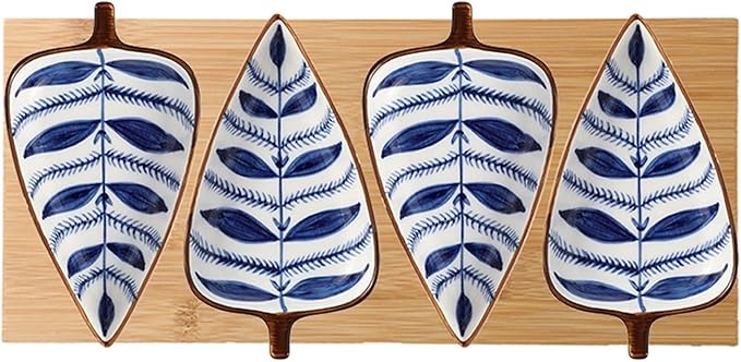 Condiment Tray Japanese Style Leaf Shape Ceramic Sauce Dishes 3.35 Inch Condiments Dish Dipping Plates Soy Sauce Vinegar Appetizer Dishes or Seasoning（with Tray） Dip Sets(D)