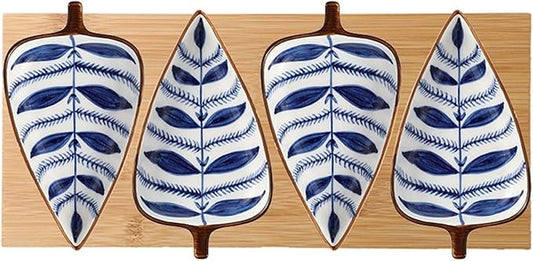 Condiment Tray Japanese Style Leaf Shape Ceramic Sauce Dishes 3.35 Inch Condiments Dish Dipping Plates Soy Sauce Vinegar Appetizer Dishes or Seasoning（with Tray） Dip Sets(D)