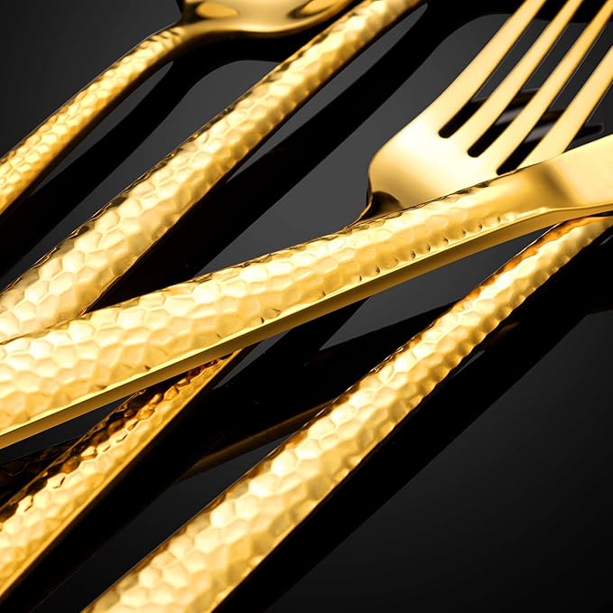 Hammered Silverware Set, 30 Pieces Flatware Set Service for 6, Mirror Polished Cutlery Utensil Set Include Fork Knife Spoon Set Dishwasher Safe, Premium Stainless Steel (Gold-30)