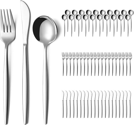 60 Piece Silverware Set for 20, Stainless Steel Flatware Set with Thickened Knives Forks and Spoons, Mirror Finish Cutlery Set for Wedding, Parties, Restauroom, Silver