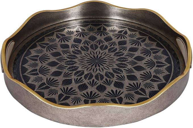 SINT Serving Tray with Antique Look & Stylish Design, Decorative Trays with Handles for Kitchen, Round Ottoman Tray for Dinning | Living Room & Home Décor | Pack of 2
