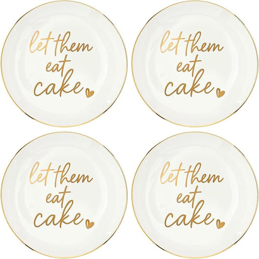 Santa Barbara Design Studio Appetizer Plate Set - 6" Ceramic Dessert Plates White with Gold, 4-Count, Let Them Eat Cake