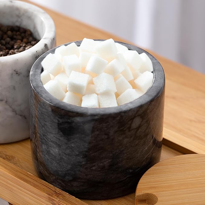 Marble Sugar Bowl with Lid & Spoon, Sugar Container 11oz,Sugar Dispenser Handcrafted from Natural Marble, Smooth Inside (Black)