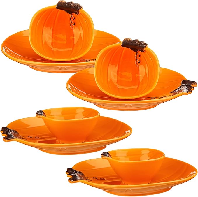 Maxcheck 8 Pcs Pumpkin Shaped Plates and Ceramic Pumpkin Bowls Kit Pumpkin Dinnerware for Thanksgiving Halloween Indoor Fall Table Decor(Orange)