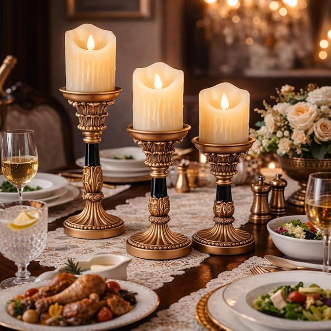 Resin Candle Holder Set of 3 - Christmas Home Pillar Candle Holder, Candles Rustic Wooden Farmhouse, Coffee Table Centerpiece, Suitable for Fireplace, Living Room, or Dining Table