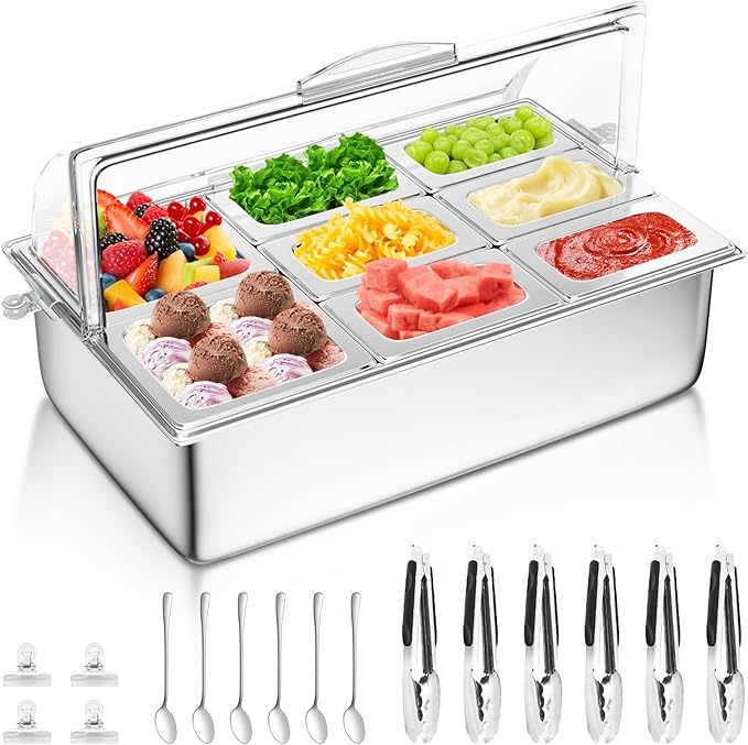 Countertop Food Serving Display Container with Clear Roll Top Cover, Stainless Steel Salad Serving Tray Condiment Dispenser Ice Food Serving Display Tray for Buffet Restaurant Kitchen Party(8 Pan)