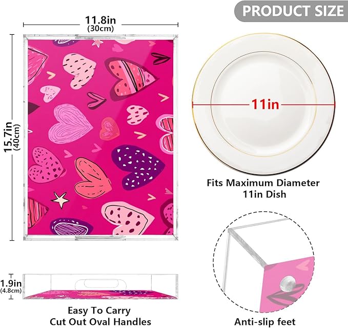 Serving Tray with Handles Clear Acrylic Tray 12x16 Inch Decorative Rectangular Tray Organizer for Ottoman Coffee Table Bathroom Hot Pink Doodle Hearts Stars